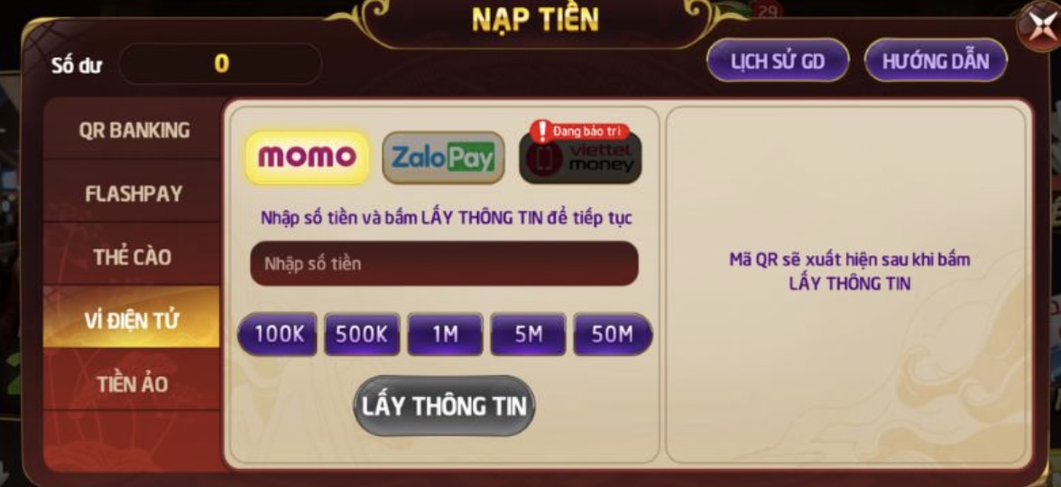 Hướng dẫn các bước nạp tiền Nohuwin qua Momo